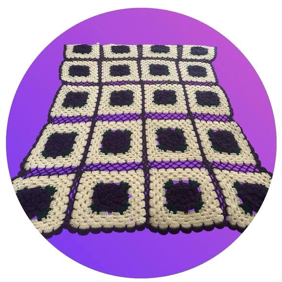 Vintage Granny Square Afghan Throw Quilt - White, Purple, Green Floral  74"x48" - Picture 5 of 5